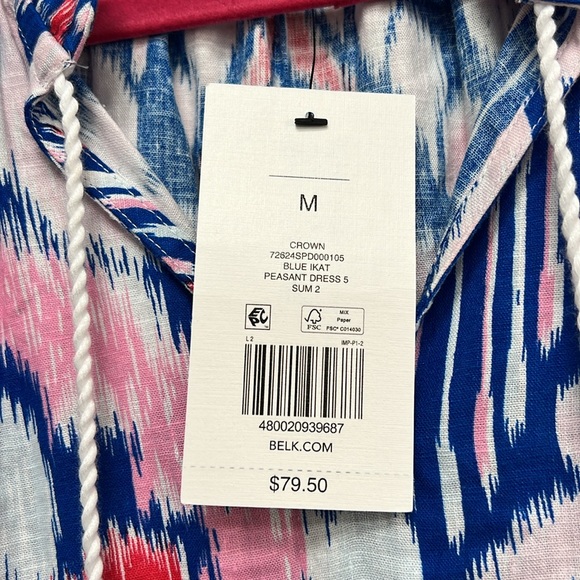 Crown & Ivy blue pink IKAT print Sz. Medium shift peasant dress NEW - Picture 4 of 7